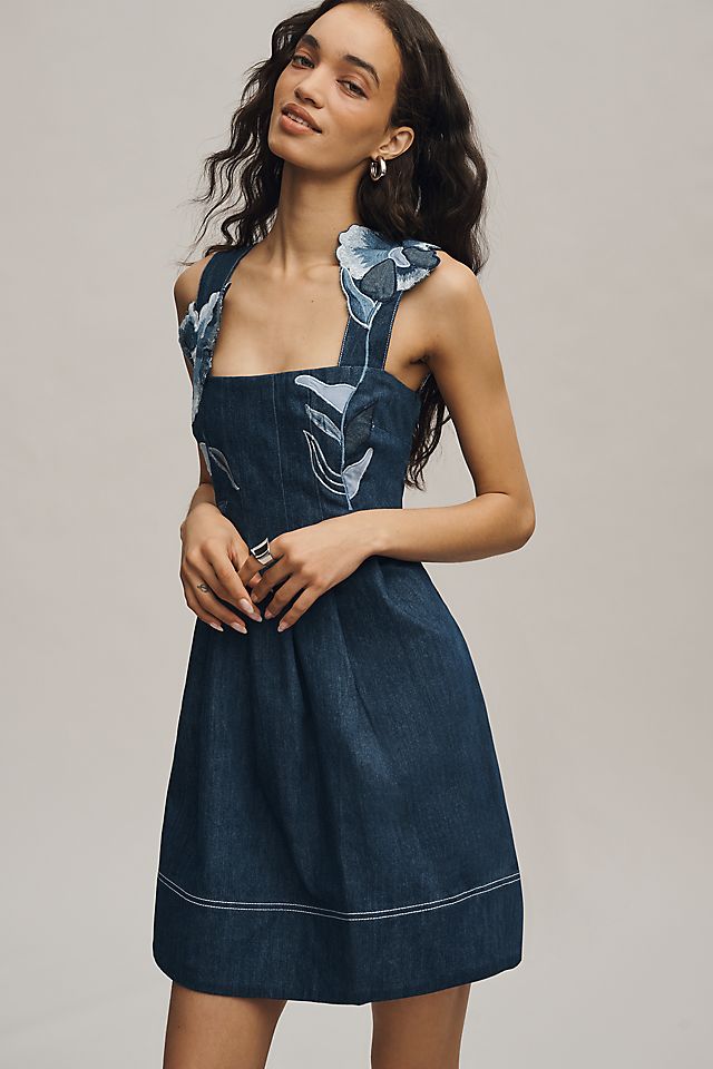 Maeve Women's Denim Embroidered Fit & Flare Mini Dress Cotton