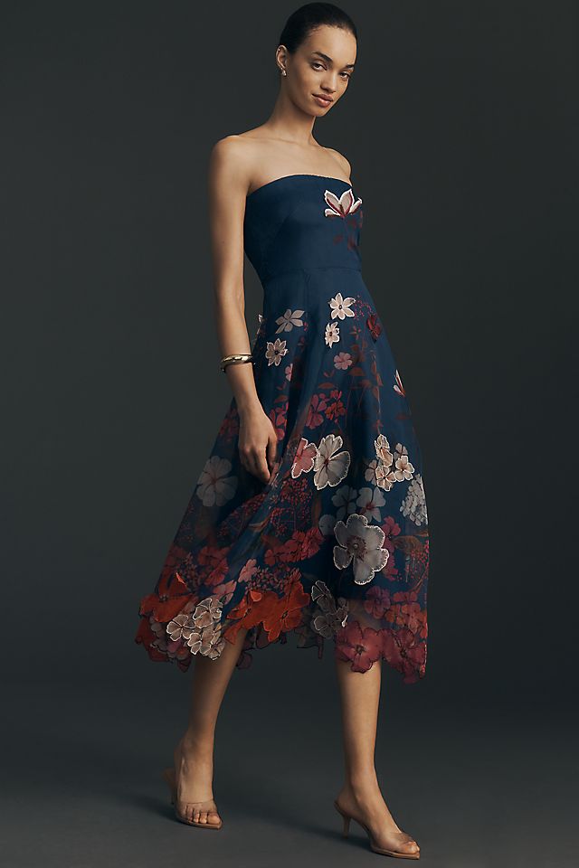 Maeve Women's Strapless Floral Chiffon Midi Dress Polyester