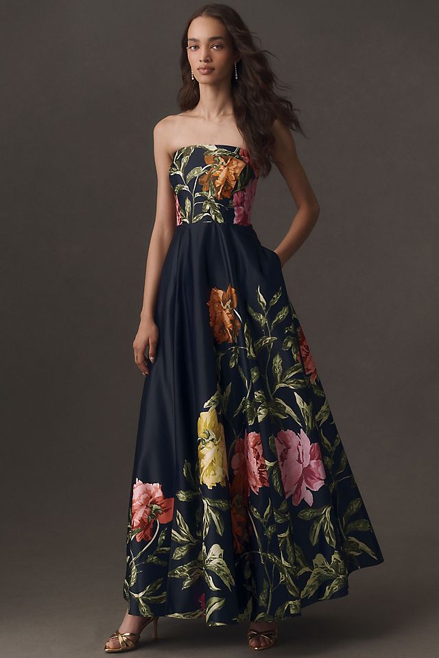 BHLDN Kira Women's Strapless Printed Satin Maxi Dress