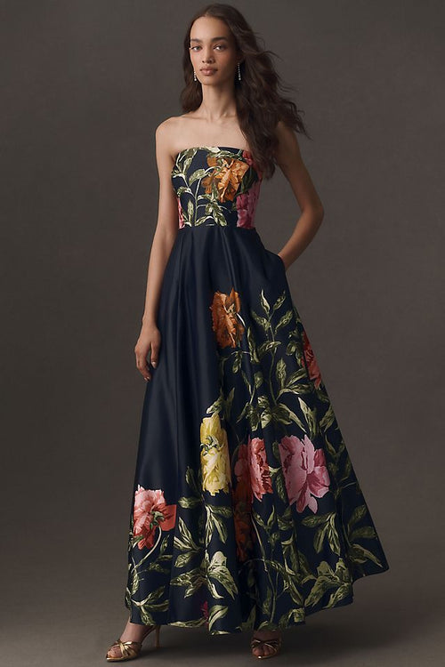 BHLDN Kira Women's Strapless Printed Satin Maxi Dress